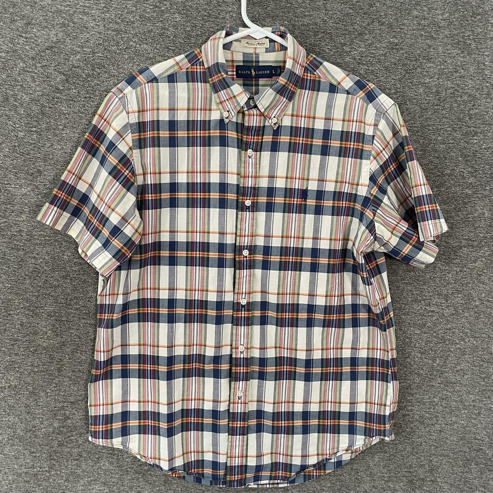 Ralph Lauren Shirt‎ Mens L Blue Plaid Madras Short Sleeve Button Down Cotton